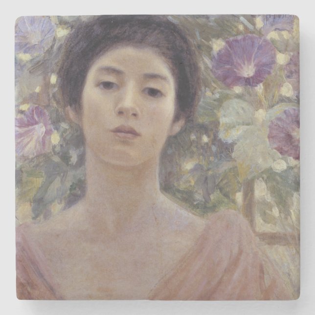Beautiful Asian Woman with Morning Glory Flowers Stone Coaster (Front)