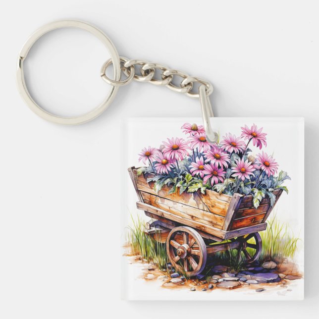Beautiful Aster Flowers In A Wheel Barrel Key Ring (Front)