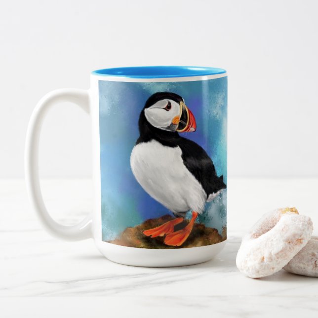 Beautiful Atlantic Puffin Bird Coffee Mug (With Donut)