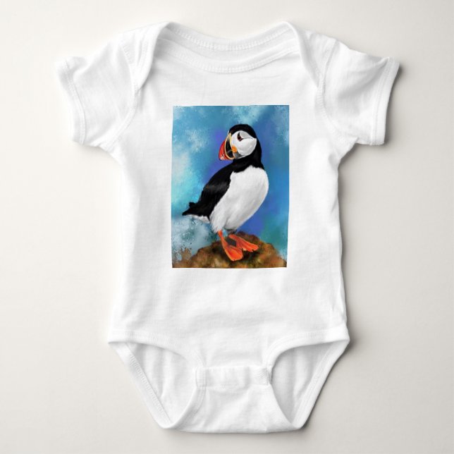 Beautiful Atlantic Puffin Bird Painting Migned Art Baby Bodysuit (Front)