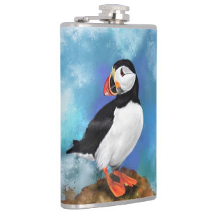 Beautiful Atlantic Puffin Bird Painting Migned Hip Flask