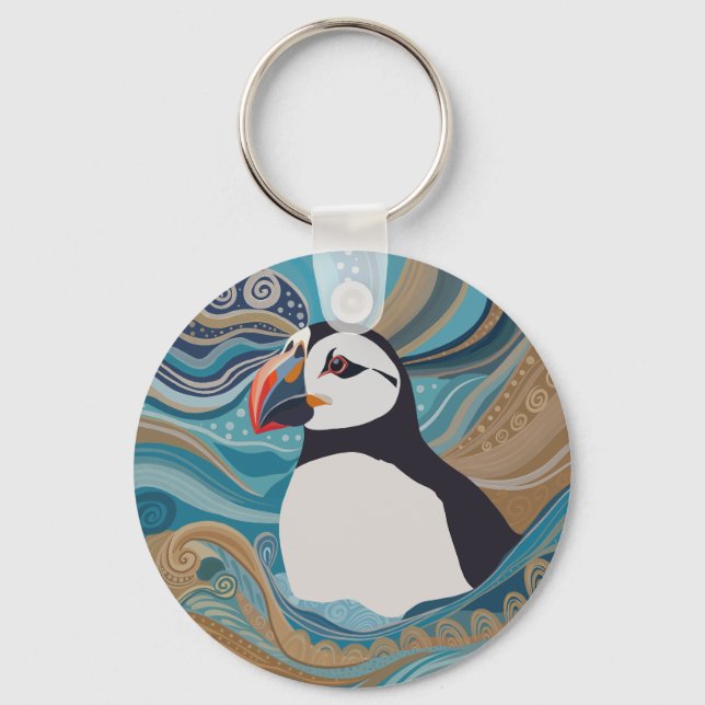 Beautiful Atlantic Puffin Ocean Waves Key Ring (Front)