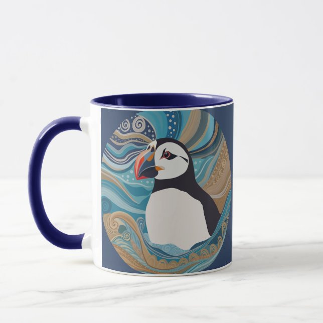 Beautiful Atlantic Puffin Ocean Waves Mug (Left)