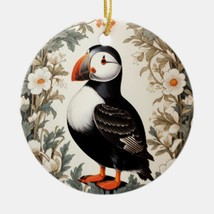 Beautiful Atlantic Puffin White Flowers Ceramic Ornament