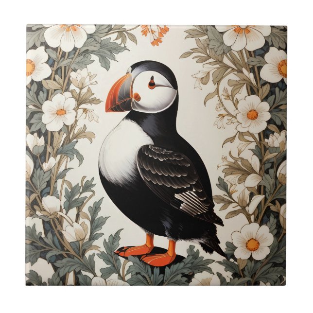 Beautiful Atlantic Puffin White Flowers Ceramic Tile (Front)