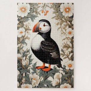 Beautiful Atlantic Puffin White Flowers Jigsaw Puzzle