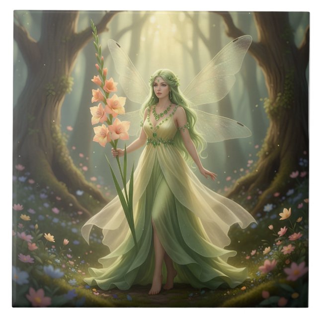 Beautiful August Peridot Fairy Ceramic Tile (Front)