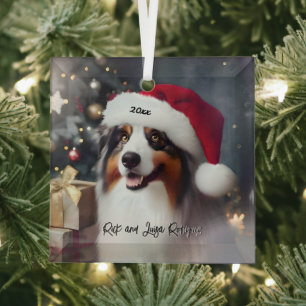 Beautiful Australian Shepherd with Santa Hat Glass Tree Decoration