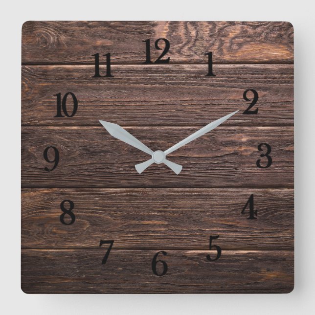 Beautiful authentic looking rustic weathered wood square wall clock (Front)