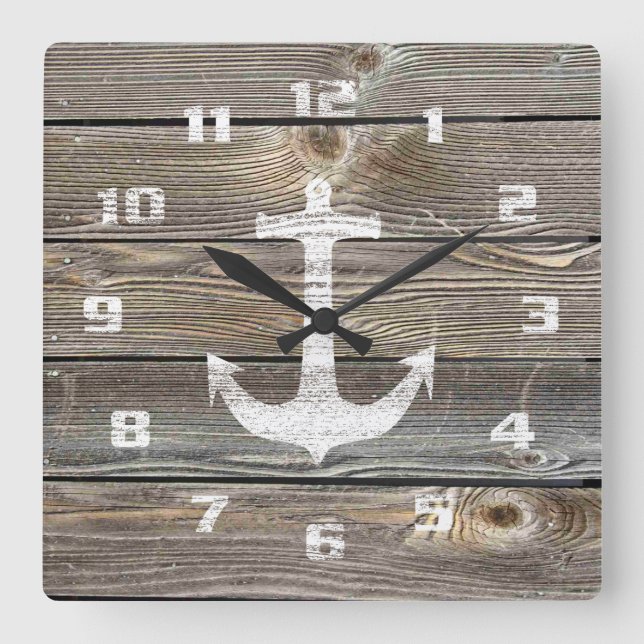 Beautiful authentic looking Wood Rustic Nautical Square Wall Clock (Front)