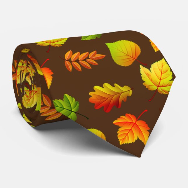 Beautiful Autumn Leaves on Brown Tie (Rolled)