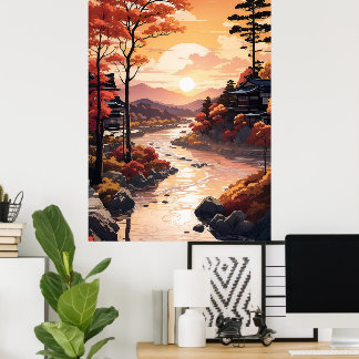 Beautiful Autumn Sunset By The River Poster