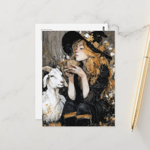 Beautiful Autumn Witch and White Goat Postcard
