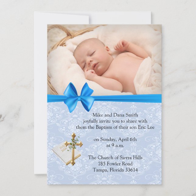 Beautiful Baby Blue Damask Boy Baptism  Invitation (Front)