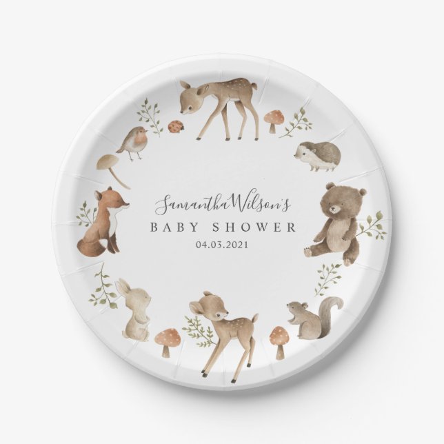 Beautiful Baby Bunny Deer Fox Floral Baby Shower Paper Plate (Front)