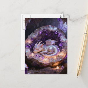 beautiful baby dragon asleep in a amethyst geode postcard