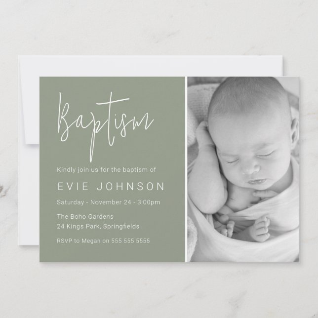 Beautiful Baby Girl or Boy Photo Sage Baptism  Invitation (Front)