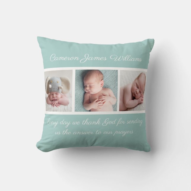 Beautiful Baby Photo Collage Teal Religious Quote Cushion (Front)