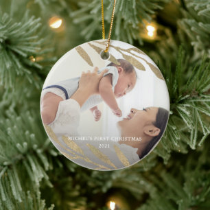 Beautiful Baby's First Christmas Botanical Photo Ceramic Ornament