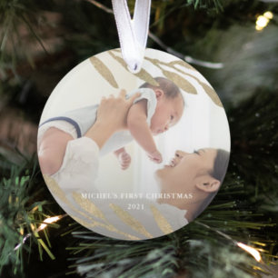 Beautiful Baby's First Christmas Botanical Photo Ornament