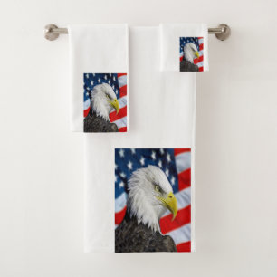 Beautiful Bald Eagle head  and a American flag 1 Bath Towel Set
