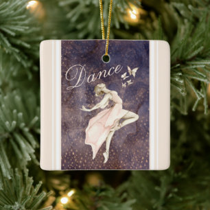 Beautiful Ballerina and Butterflies Pink Christmas Ceramic Ornament