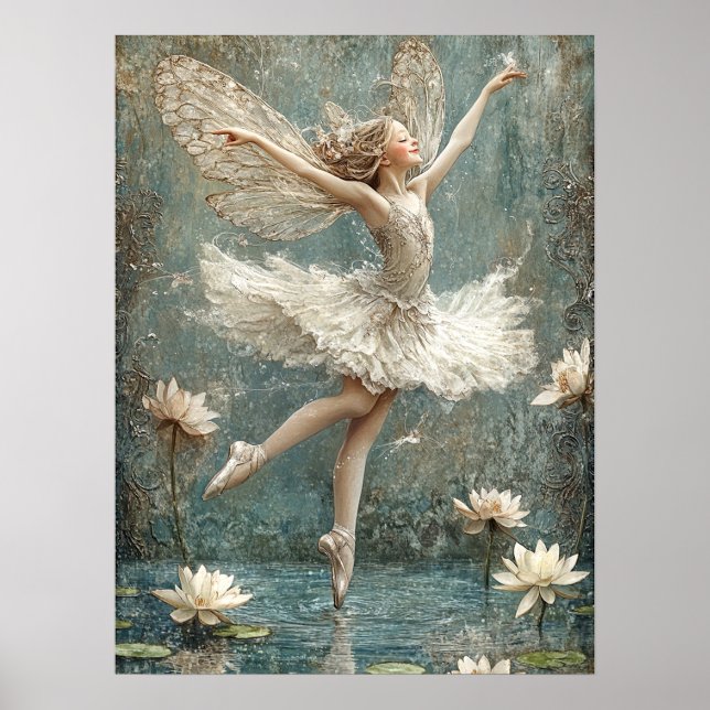 Beautiful Ballerina Fairy Lily Pond White Flowers Poster (Front)