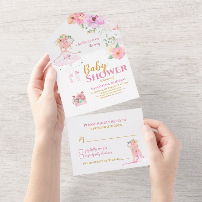 Beautiful Ballerina It's a Girl Baby Shower All In All In One Invitation (Tearaway)