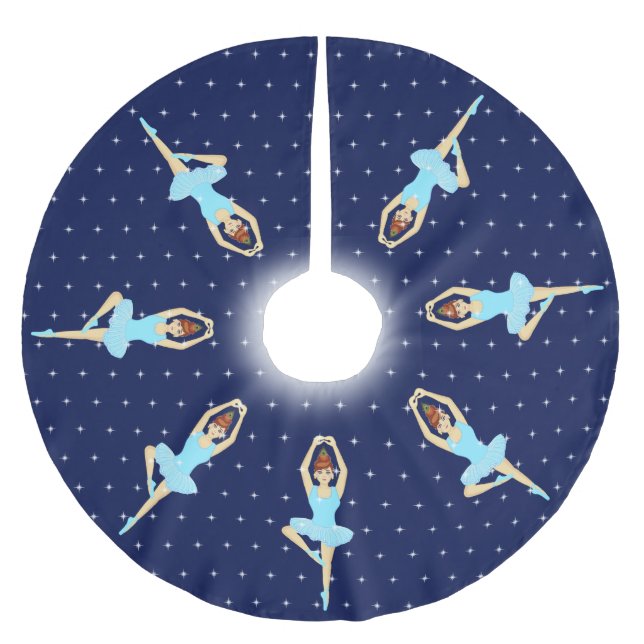 Beautiful ballet dancer & white stars on navy blue brushed polyester tree skirt (Front)