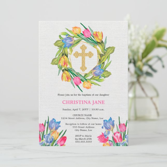Beautiful Baptism Floral Invitation (Standing Front)