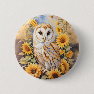 Beautiful Barn Owl And Sunflowers 6 Cm Round Badge