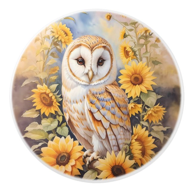 Beautiful Barn Owl And Sunflowers Ceramic Knob (Front)