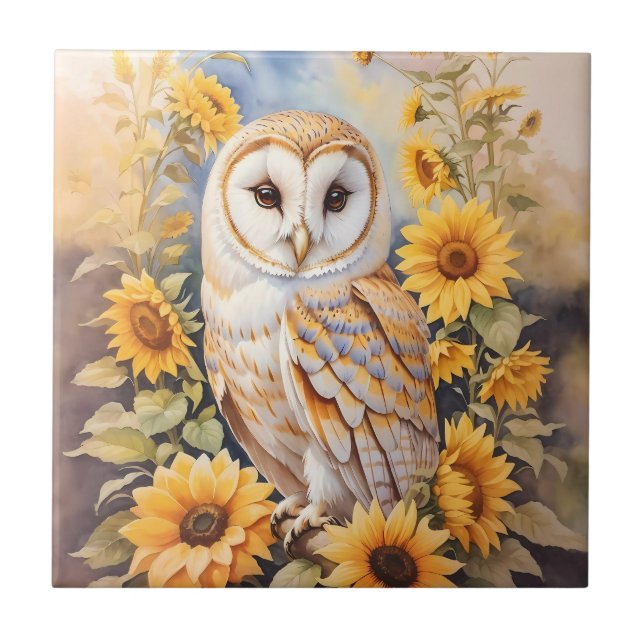 Beautiful Barn Owl And Sunflowers Ceramic Tile (Front)