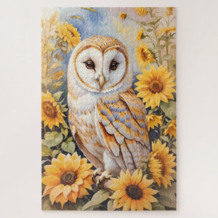 Beautiful Barn Owl And Sunflowers Jigsaw Puzzle