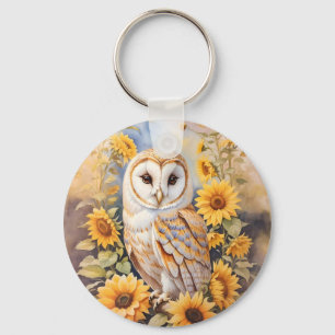 Beautiful Barn Owl And Sunflowers Key Ring