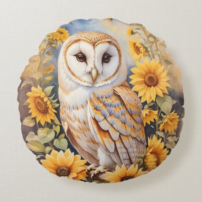 Beautiful Barn Owl And Sunflowers Round Cushion (Front)