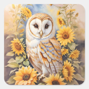 Beautiful Barn Owl And Sunflowers Square Sticker