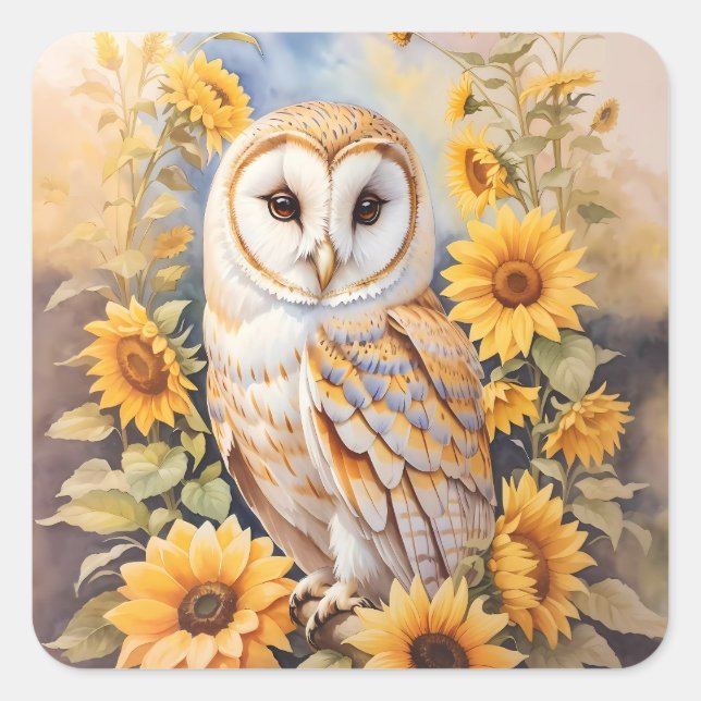 Beautiful Barn Owl And Sunflowers Square Sticker (Front)