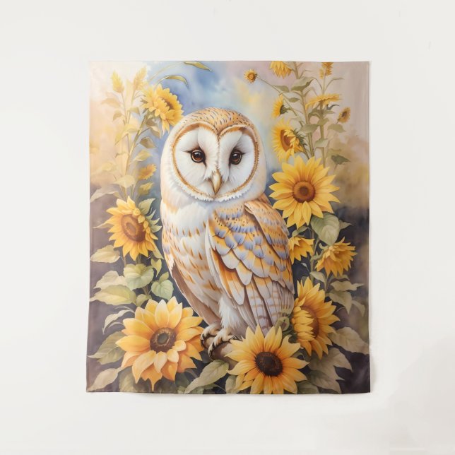 Beautiful Barn Owl And Sunflowers Tapestry (Front)
