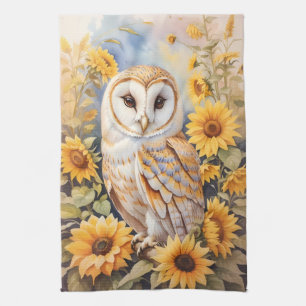Beautiful Barn Owl And Sunflowers Tea Towel