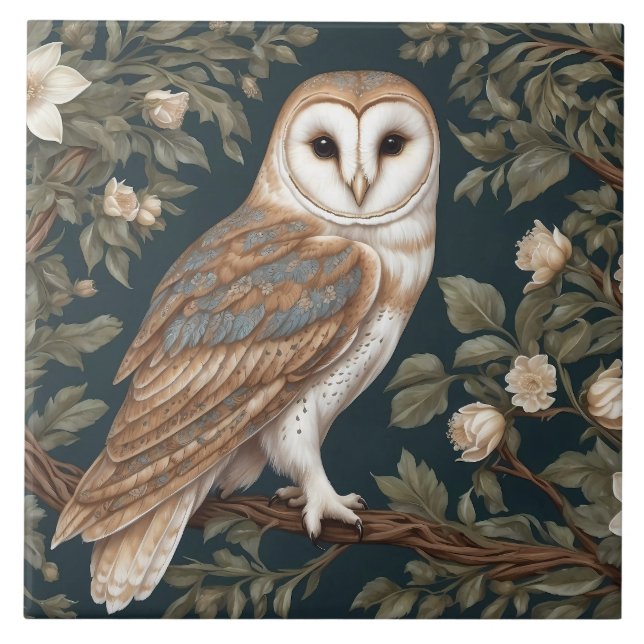 Beautiful Barn Owl William Morris Inspired Ceramic Tile (Front)
