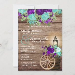 Beautiful Barnwood with Teal & Dark Purple Floral Invitation