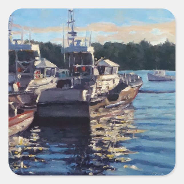 Beautiful Bass Harbour Maine Fishing Boat Scene Square Sticker (Front)