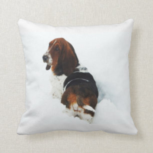 Beautiful Basset Hound in the Snow Throw Pillow