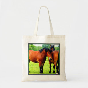 Beautiful Bay Draught Horses In Lush Green Meadow Tote Bag