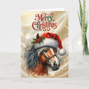 Beautiful Bay Horse in Santa Hat Holiday Card