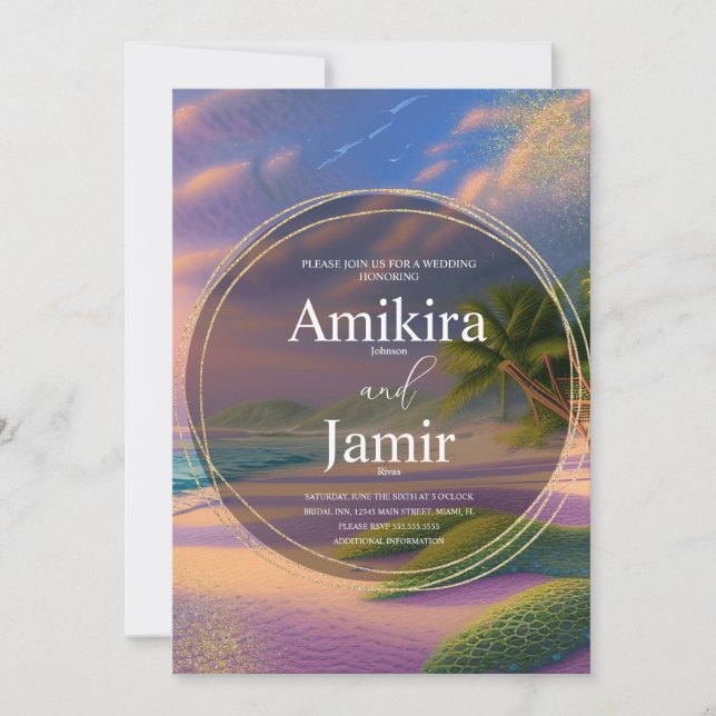 Beautiful Beach Background Glitter Gold Wedding Invitation (Front)