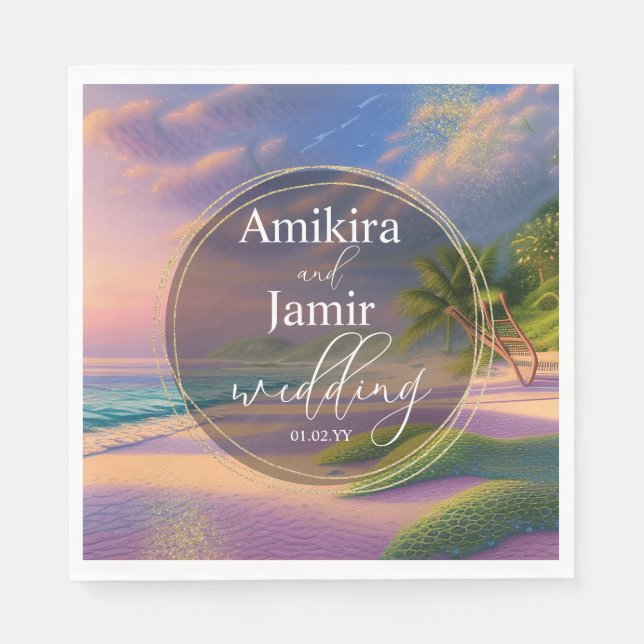 Beautiful Beach Background Glitter Gold Wedding Napkin (Front)