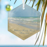 Beautiful Beach House Custom Family Keepsake Gift Glass Tree Decoration<br><div class="desc">Beautiful beach ornament with gorgeous seaside photography featuring a pretty sandpiper standing at the edge of the ocean waves on a sunny summer day. Lovely blue green water waves roll onto the sandy shore where your name is personalised in cute teal typography. A beautiful Christmas gift for a daughter, mum,...</div>