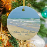 Beautiful Beach House Custom Family Name Year Ceramic Ornament<br><div class="desc">Beautiful beach ornament with gorgeous seaside photography featuring a pretty sandpiper standing at the edge of the ocean waves on a sunny summer day. Lovely blue green water waves roll onto the sandy shore where your name is personalised in cute teal typography. A beautiful Christmas gift for a daughter, mum,...</div>